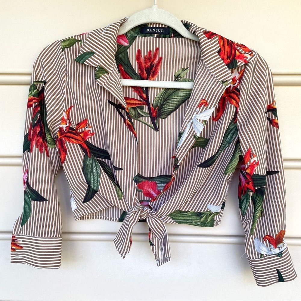 Banjul Floral/Stripe Long Sleeve Front Tie Crop Blouse Beige/White Womens S Boho